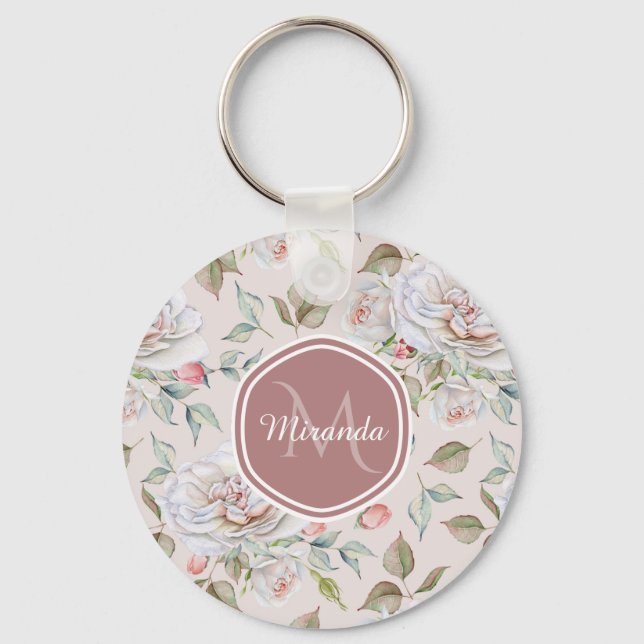 Elegantes Cream-Rose Blumenmonogramm und Name Schlüsselanhänger (Vorderseite)