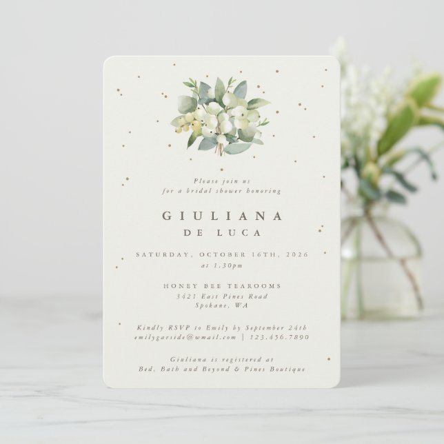 Elegantes Cream Snowberry+Eukalyptus-Brautparty Einladung (Stehend Vorderseite)