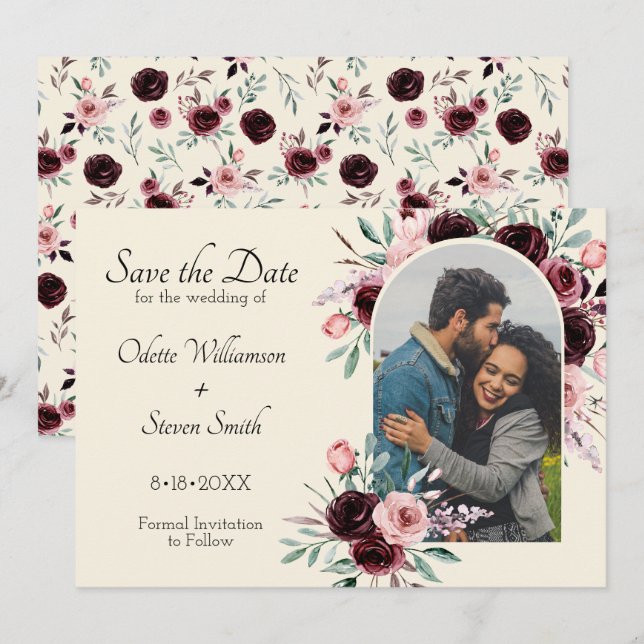 Elegantes Cream- und Burgunder-Foto Hochzeit Save The Date (Vorne/Hinten)