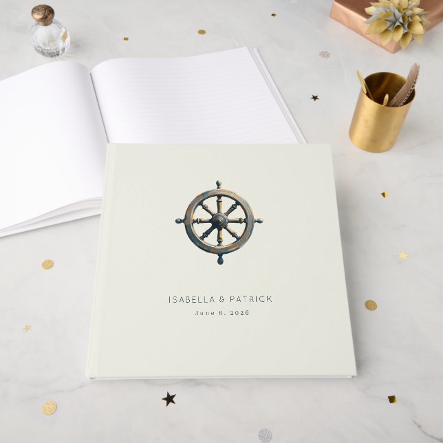 Elegantes cremefarbenes nautisches Steuerrad Gästebuch (Vorderseite offen)