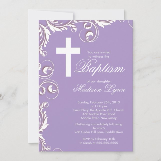 Elegantes Cross Baby Girl Taufen Christening Einladung (Vorderseite)