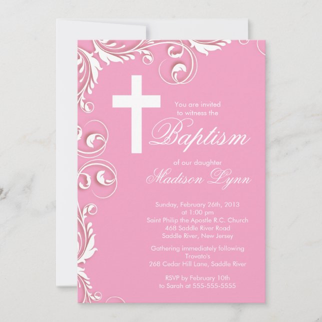 Elegantes Cross Baby Girl Taufen Christening Einladung (Vorderseite)