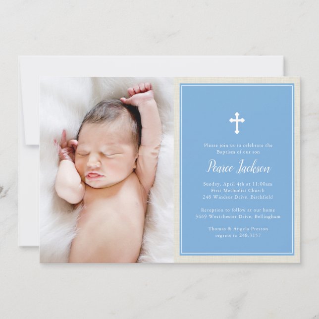 Elegantes Cross Blue Foto Taufen Christening Einladung (Vorderseite)