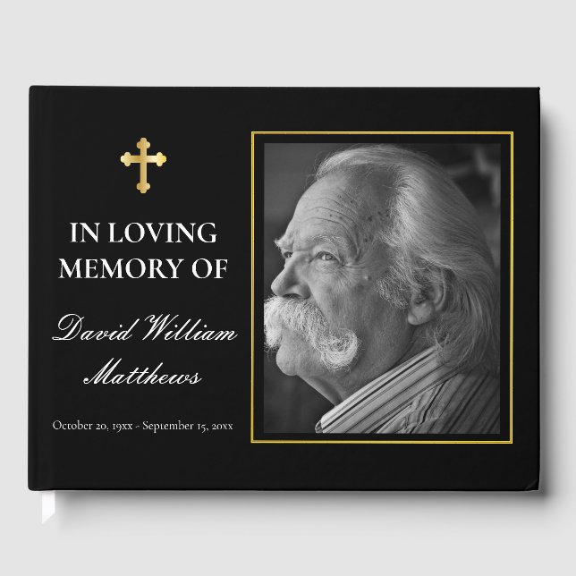 Elegantes Cross Foto Black Bereavement | Beerdigun Gästebuch (Vorderseite)