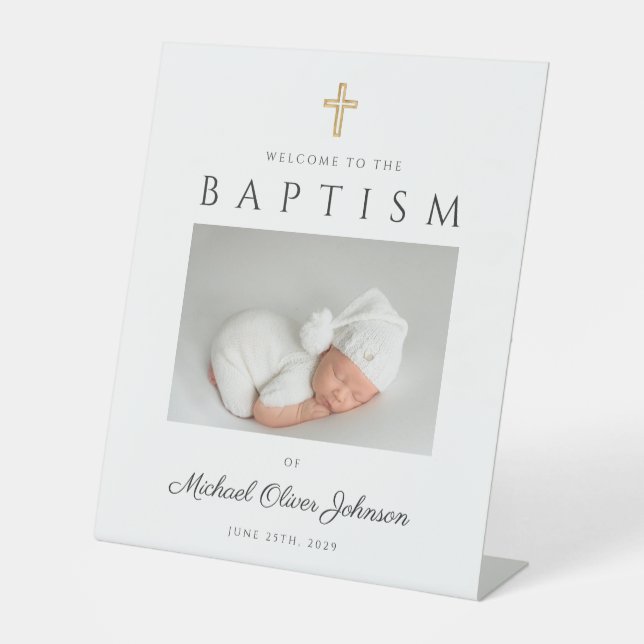 Elegantes Cross Foto Boy Baptisse Willkommen Sockelschild (Vorderseite)
