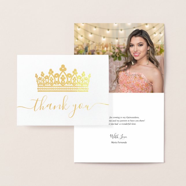 Elegantes Crown Foto Quinceanera Danke Gold Folienkarte (Anzeige)