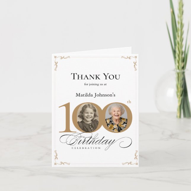 Elegantes Custom Foto 100. Geburtstag Dankeskarte (Vorderseite)