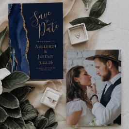 Elegantes Custom Foto Agate Blue Gold Save the Dat Einladung