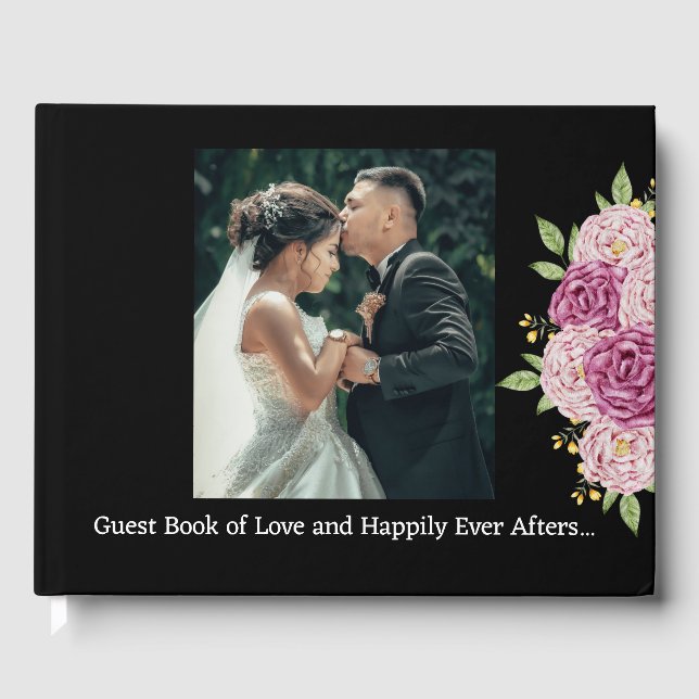 Elegantes Custom Foto Black Wedding Gästebuch (Vorderseite)
