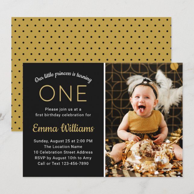 Elegantes Custom Foto Gold Black Erster Geburtstag Einladung (Vorne/Hinten)