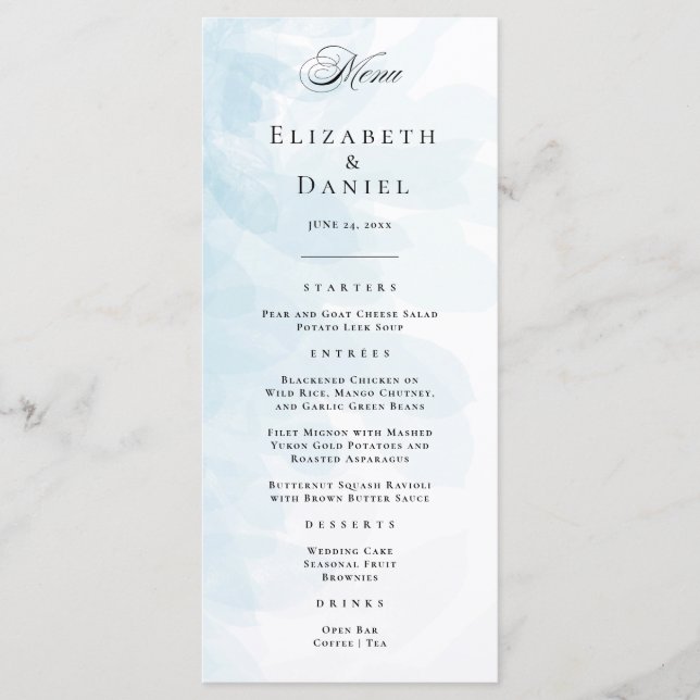 Elegantes Cyan Blue Watercolor Wedding Menu Menükarte (Vorderseite)