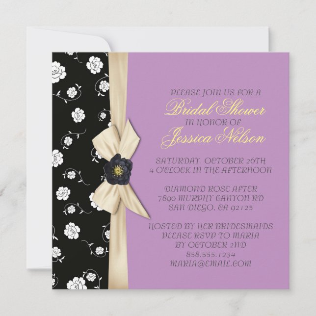 Elegantes Damask Creamy Ribbon Lila Brautparty Einladung (Vorderseite)