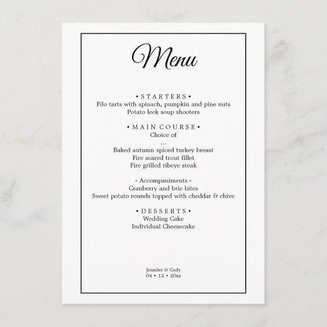 Elegantes Damask einfaches Minimales Hochzeitsmenü Menükarte (Vorderseite)