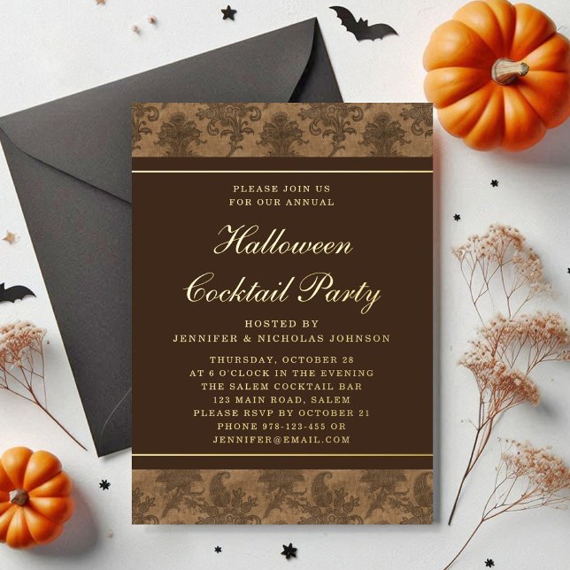 Elegantes Damask Halloween Cocktail Party Gold Folieneinladung (Elegant Damask Halloween Cocktail Party Gold Foil Invitation)