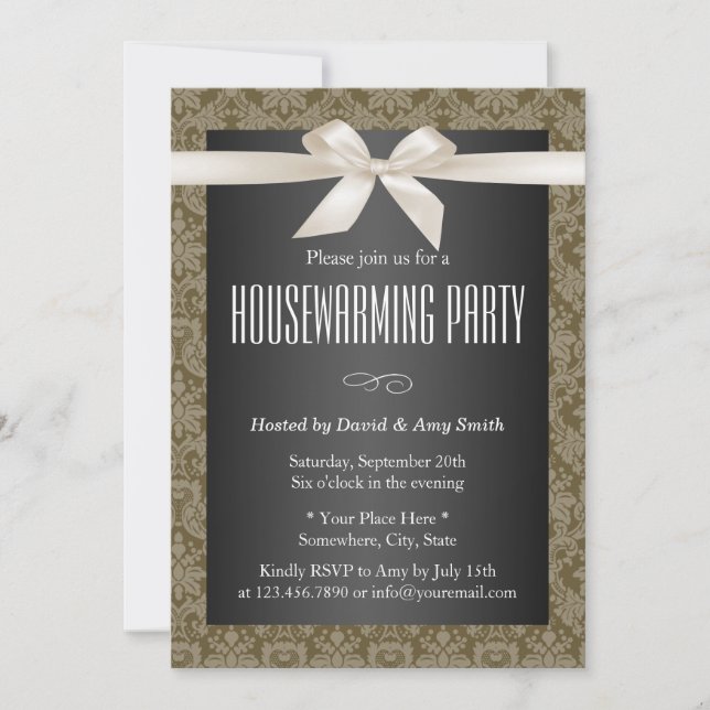 Elegantes Damask Ivory Ribbon Housewarming Party Einladung (Vorderseite)