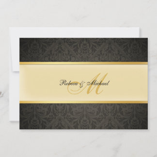 Elegantes Damask Monogramm Hochzeit Schwarz und Go Einladung