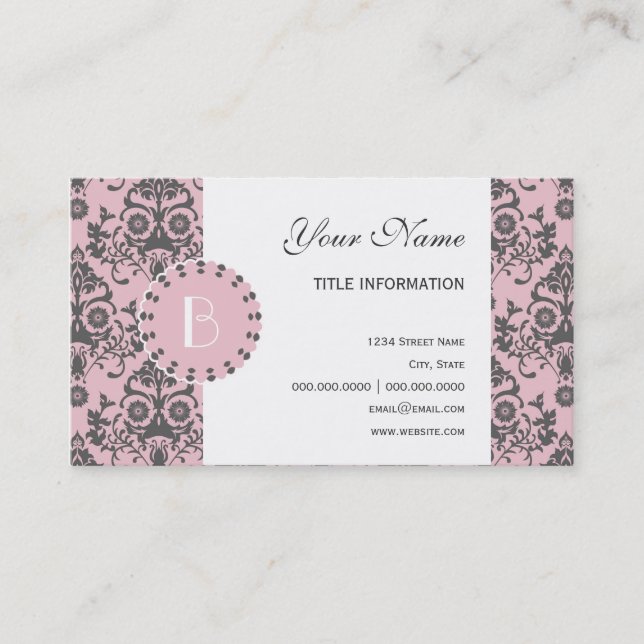 Elegantes Damask-Muster mit Monogramm Visitenkarte (Vorderseite)