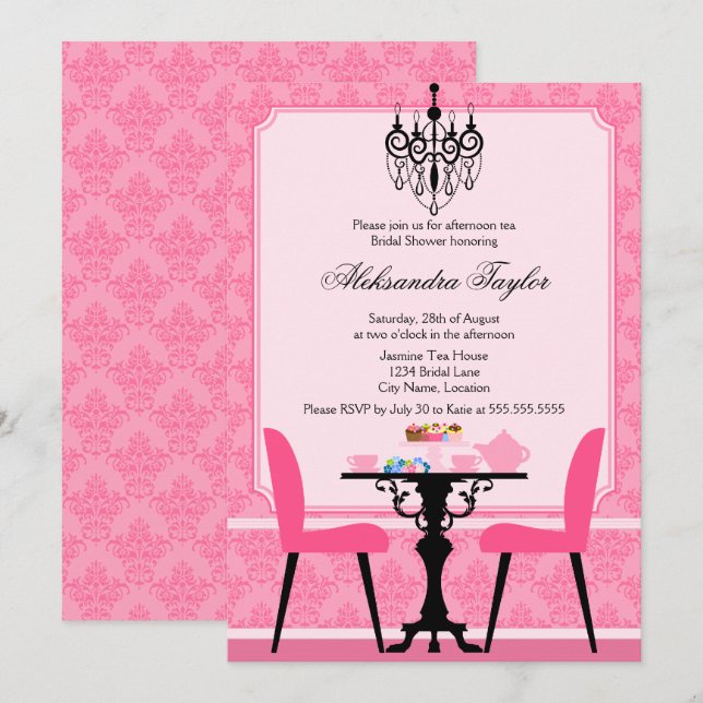 Elegantes Damask und Chandelier Tea Party Einladung (Vorne/Hinten)