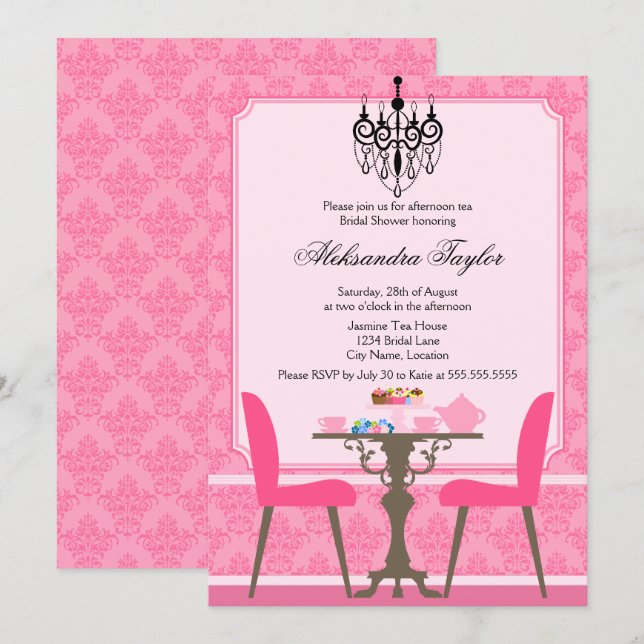 Elegantes Damask und Chandelier Tea Party Einladung (Vorne/Hinten)