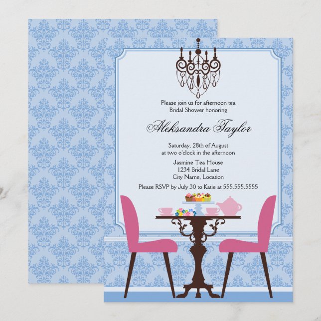 Elegantes Damask und Chandelier Tea Party Einladung (Vorne/Hinten)