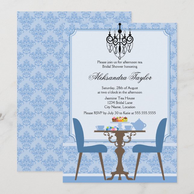 Elegantes Damask und Chandelier Tea Party Einladung (Vorne/Hinten)
