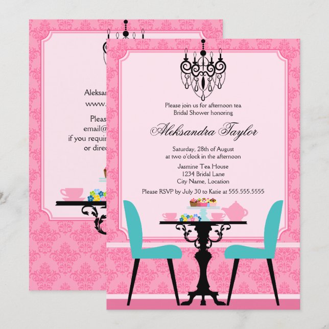 Elegantes Damask und Kronleuchter Pink Aqua Tea Pa Einladung (Vorne/Hinten)
