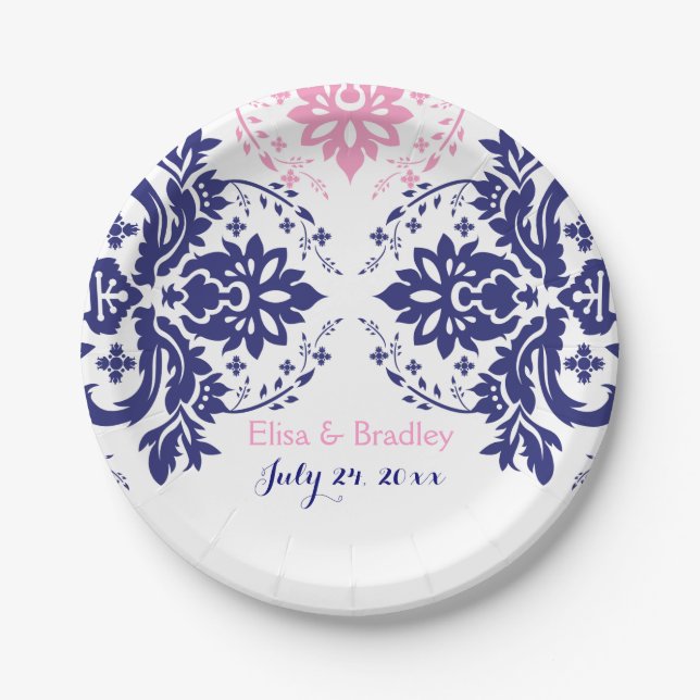 Elegantes Damasmotiv, blau, rosa Hochzeit Pappteller (Vorderseite)