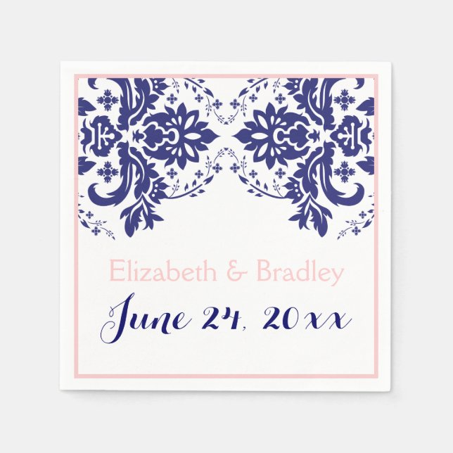 Elegantes Damasmotiv, blau, rosa Hochzeit Serviette (Vorderseite)