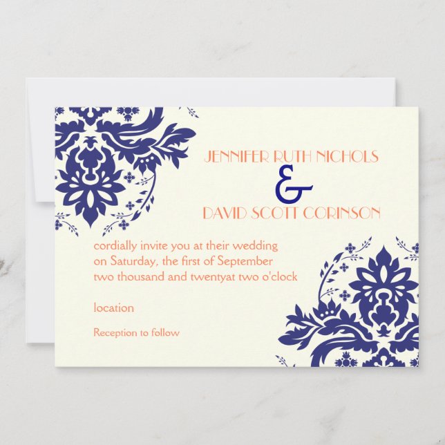Elegantes Damasmotiv, blaue Korallenhochzeit Einladung (Vorderseite)
