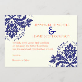 Elegantes Damasmotiv, blaue Korallenhochzeit Einladung
