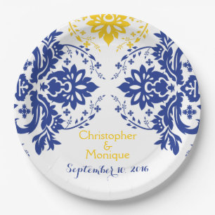 Elegantes Damasmotiv königsblau, gelbe Hochzeit Pappteller