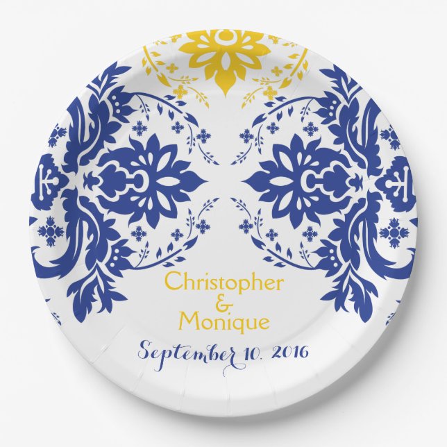 Elegantes Damasmotiv königsblau, gelbe Hochzeit Pappteller (Vorderseite)