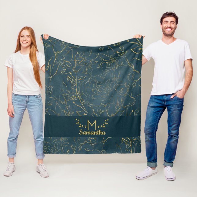 Elegantes Dark Aquamarin Blue & Gold Foil Floral M Fleecedecke (Beispiel)
