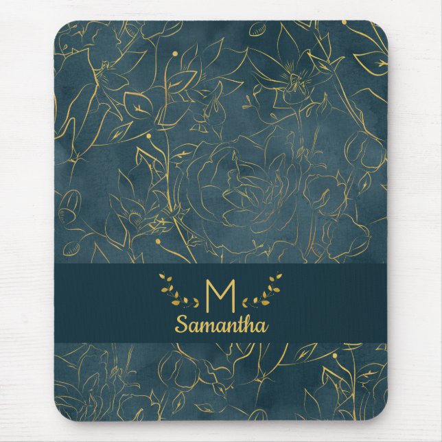 Elegantes Dark Aquamarin Blue & Gold Foil Floral M Mousepad (Vorne)