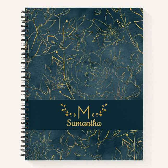 Elegantes Dark Aquamarin Blue & Gold Foil Floral M Notizbuch (Vorderseite)