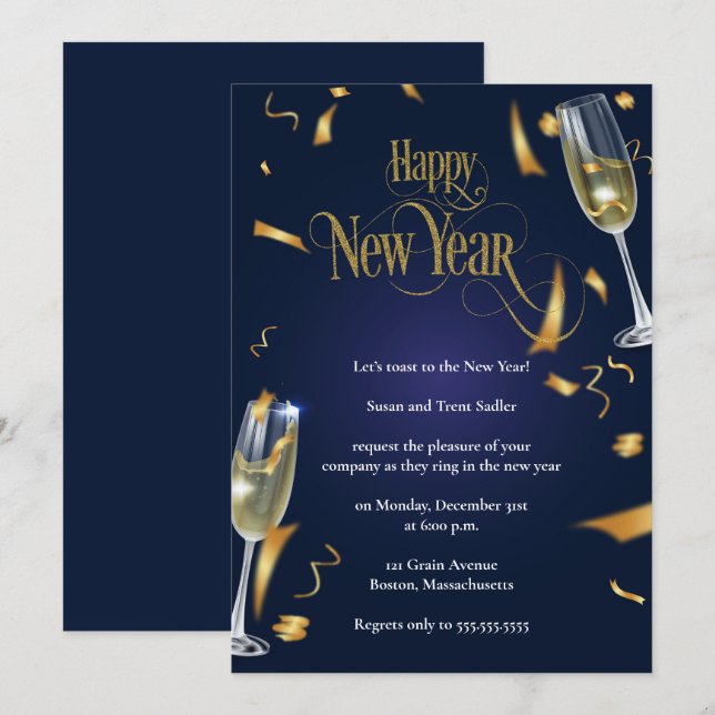 Elegantes Dark Blue Silvester Party Einladung (Vorne/Hinten)