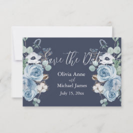 Elegantes Dark Blue & White Floral Script Save The Date