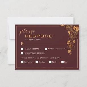 Elegantes Dark Burgundy & Golden Foliage RSVP Karte