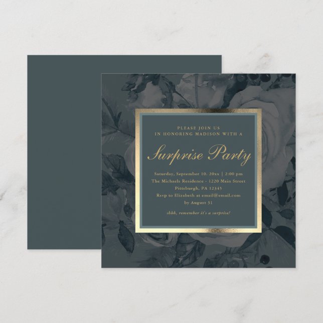 Elegantes Dark Floral Blue Gray Überraschungs-Part Einladung (Vorne/Hinten)