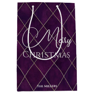 Elegantes Dark Lila Raute Muster Frohe Weihnachten Mittlere Geschenktüte