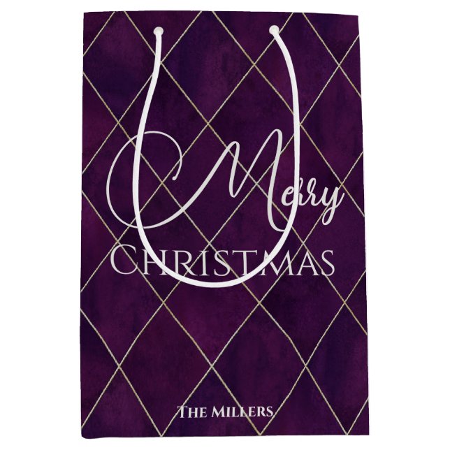 Elegantes Dark Lila Raute Muster Frohe Weihnachten Mittlere Geschenktüte (Vorderseite)
