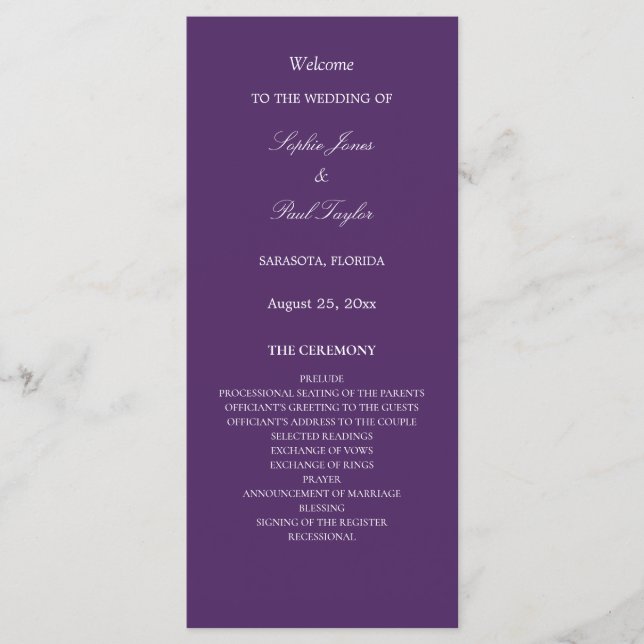 Elegantes Dark Lila Wedding Program (Vorderseite)
