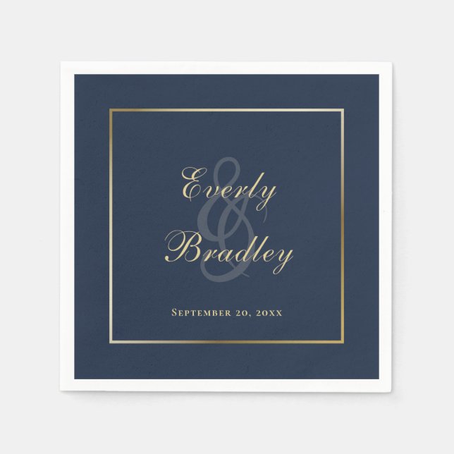 Elegantes Dark Navy Blue Gold Border Script Serviette (Vorderseite)