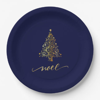 Elegantes Dark Navy Blue & Gold Weihnachtsbaum Wei Pappteller