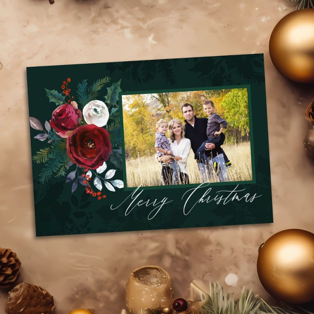 Elegantes Deep Green Floral "Frohe Weihnachten" Fo Einladung (Von Creator hochgeladen)