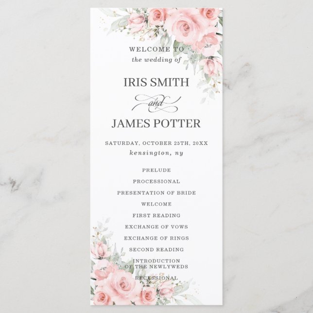 Elegantes Delicate Blush PInk Floral Wedding Progr Programm (Vorderseite)