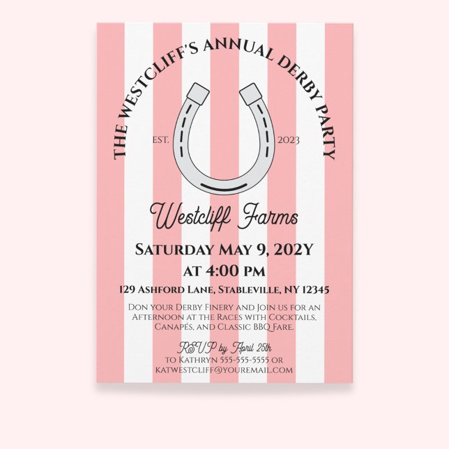 Elegantes Derby Party Pink Cabana Stripes Horsesho Einladung (Pink Cabana Stripes Horseshoe Derby Horse Racing Party Invitation)