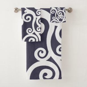 Elegantes Design, Blumenmuster, marineblau, weiß Badhandtuch Set
