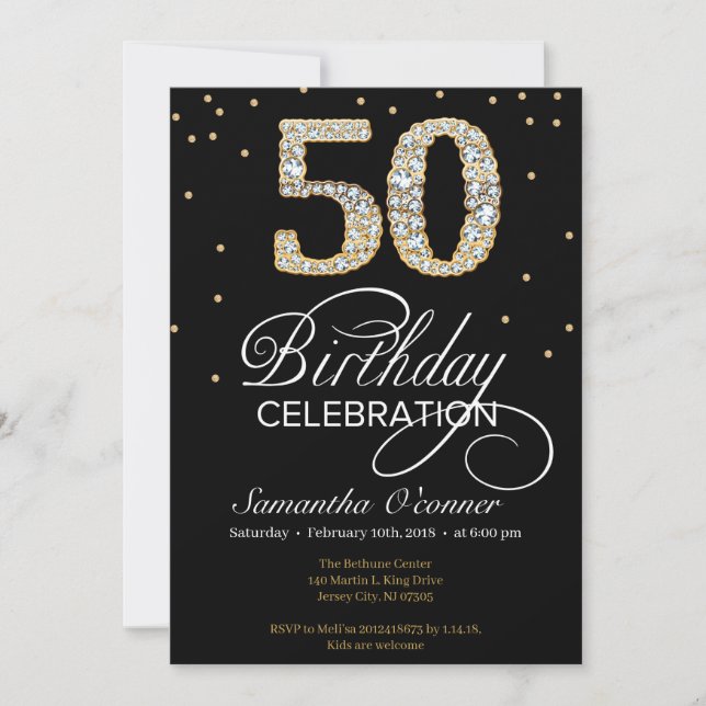 Elegantes Diamantgold schwarz 50. Geburtstag Einladung (Vorderseite)
