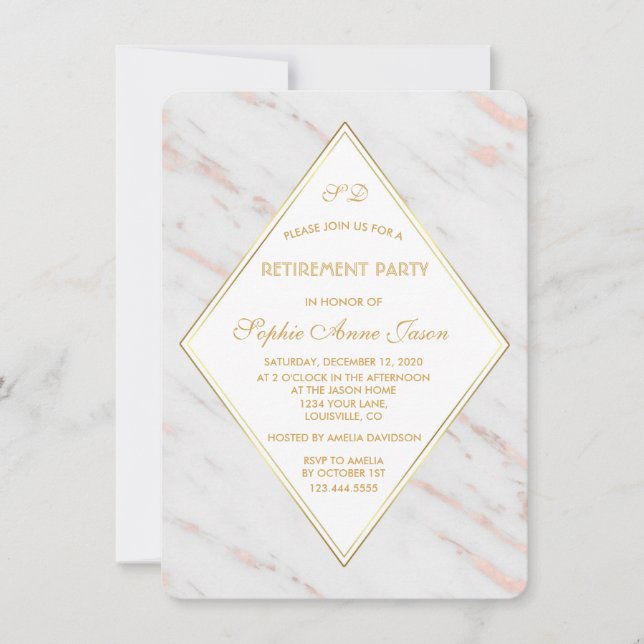 Elegantes Diamond Rose Gold Marble Retirement Part Einladung (Vorderseite)